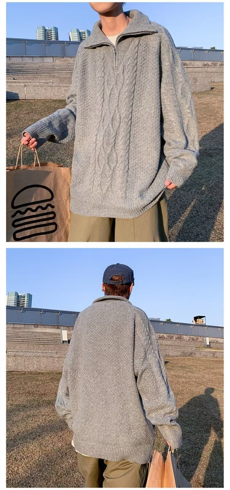 ニット ジャケット 長袖 ゆったり コットン 綿 麻 冬 体型カバー タートルネック セーター ハーフ ヴィンテージ