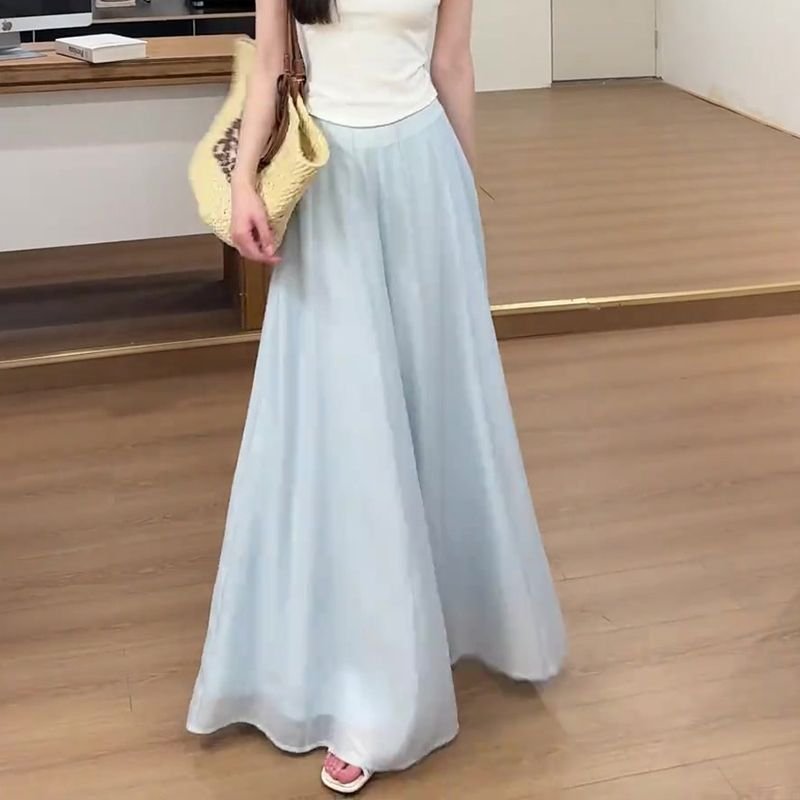 レディース パンツ スカート 無地 ゆったり ワイド 春夏 カジュアル 春 夏 シンプル ロング ドレープ エレガント ハイウエスト ポリエステル