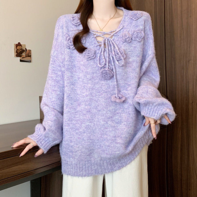 レディース トップス セーター ニット フラワー フラワーモチーフ フラワーモチーフ付き 編み上げ リボン プルオーバー ざっくり編み ゆったりシルエット 長袖 ドロップショルダー 萌袖 ワイド フェミニン かわいい 大人可愛い シンプル カジュアル おしゃれ こなれ感 ラフ ガーリー 主役級 存在感 抜け感 キュート ロマンティック ナチュラル 無地 秋 冬 デート お出かけ イベント 女子会 休日 ショッピング カフェ お家時間 重ね着 普段使い 着回し レイヤード ゆったり フリーサイズ ワンサイズ