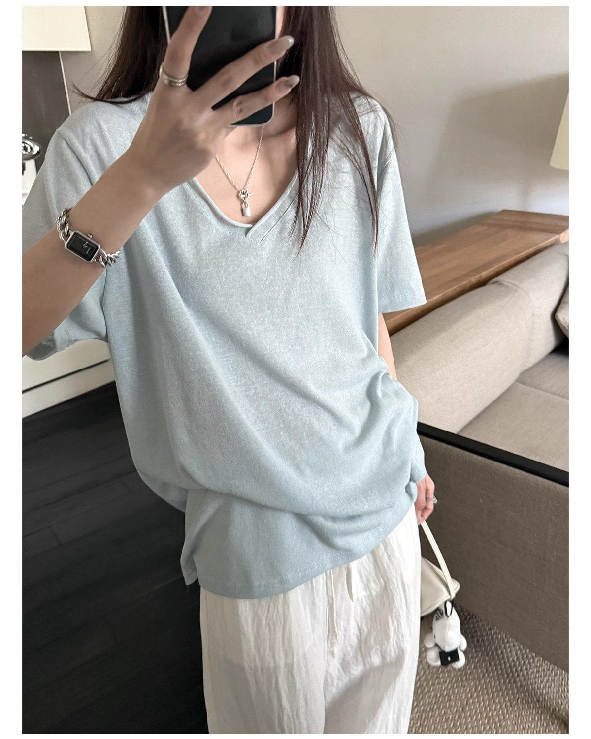 レディース Tシャツ 半袖 ゆったり リネン 春夏 カジュアル Vネック 春 夏 シャツ ロールアップ ポリエステル