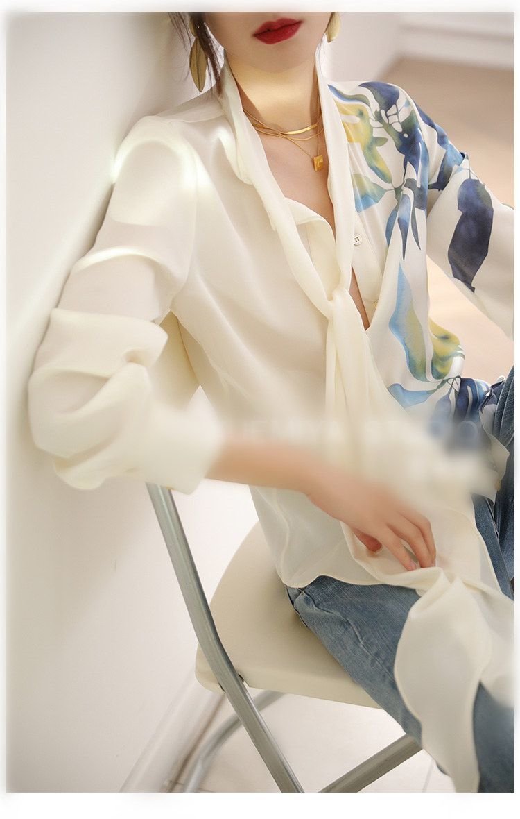 レディース シャツ トップス 長袖 プリント ゆったり 春夏 前開き Vネック 春 夏 シフォン リボン レギュラー ポリエステル