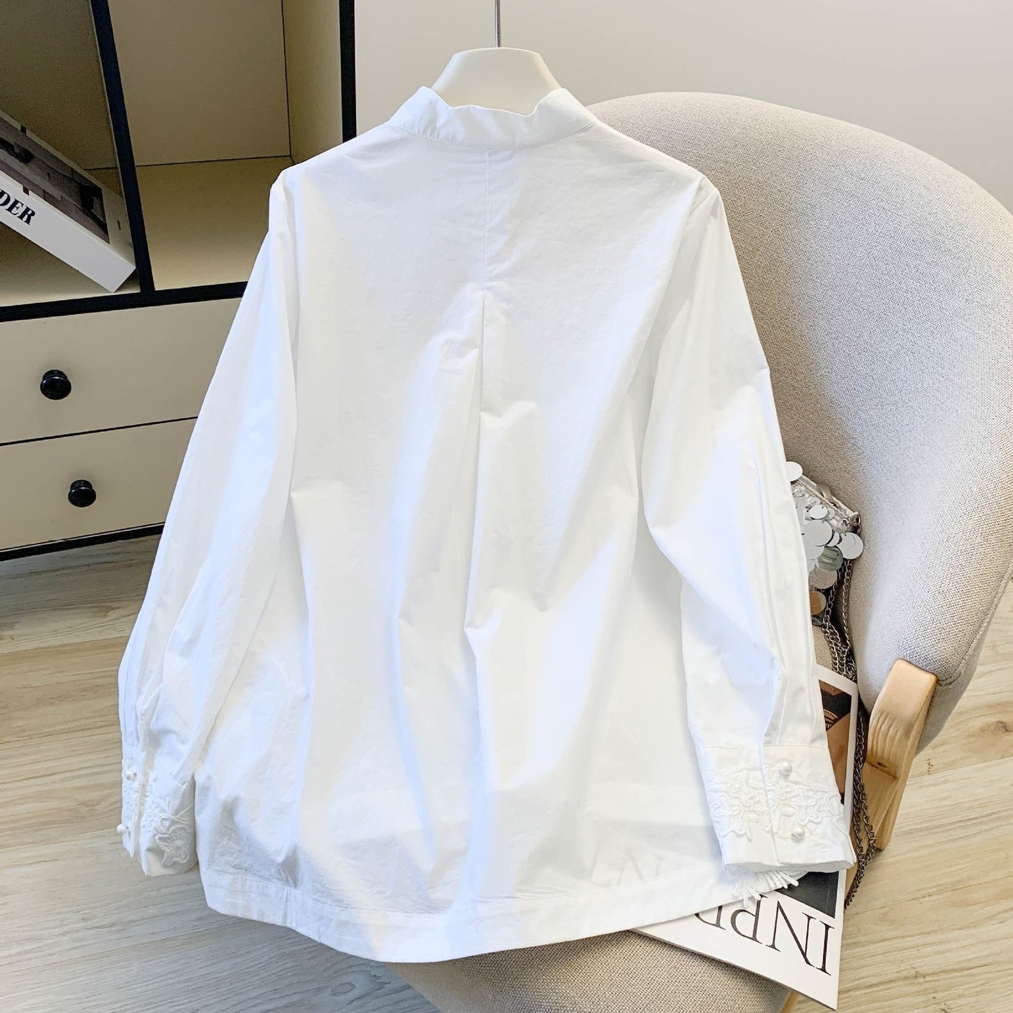 レディース シャツ 長袖 無地 春夏 きれいめ おしゃれ 前開き 春 夏 秋 レース シンプル 刺繍 ハイネック 上品 切り替えデザイン スタンドカラー チャイナ レギュラー ボタン ポリエステル