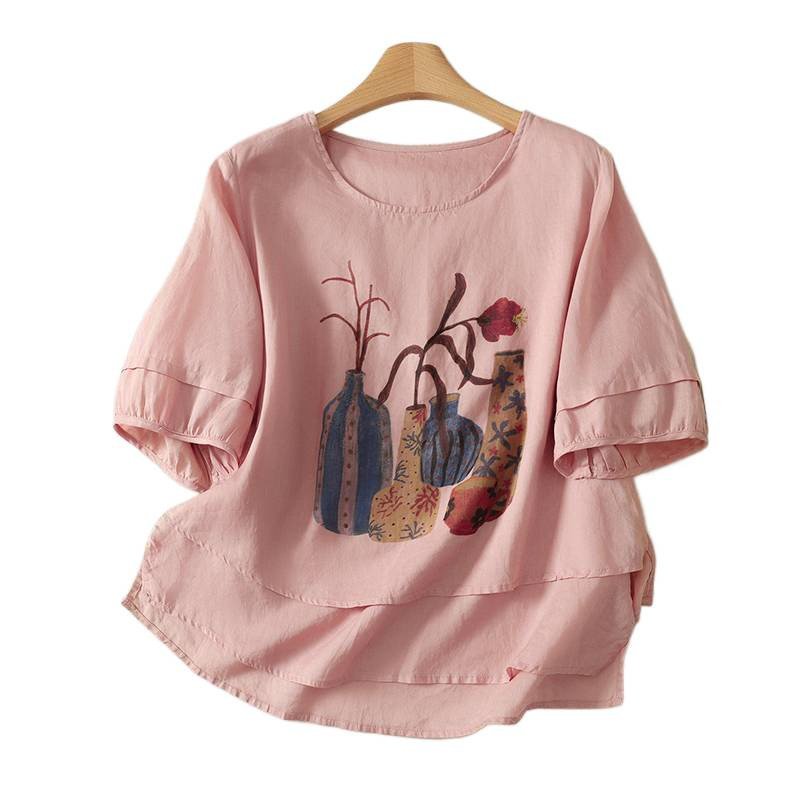レディース シャツ トップス Tシャツ 半袖 プリント ゆったり コットン 綿 麻 春夏 きれいめ 通勤 体型カバー 前開き デニム 春 夏 プルオーバー レイヤード