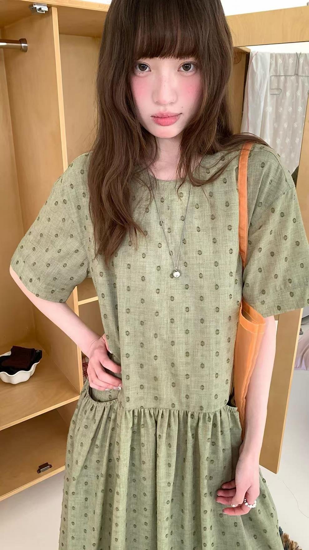 ワンピース 半袖 春夏 カジュアル きれいめ レトロ 体型カバー 通勤 春 夏 ラウンドネック ドット ロング Aライン