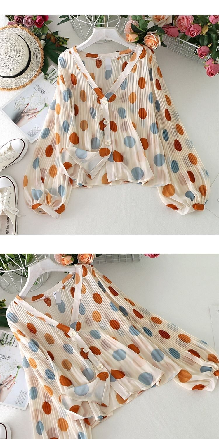 レディース シャツ 長袖 ゆったり きれいめ 通勤 体型カバー 前開き Vネック かわいい 上品 シフォン ドット