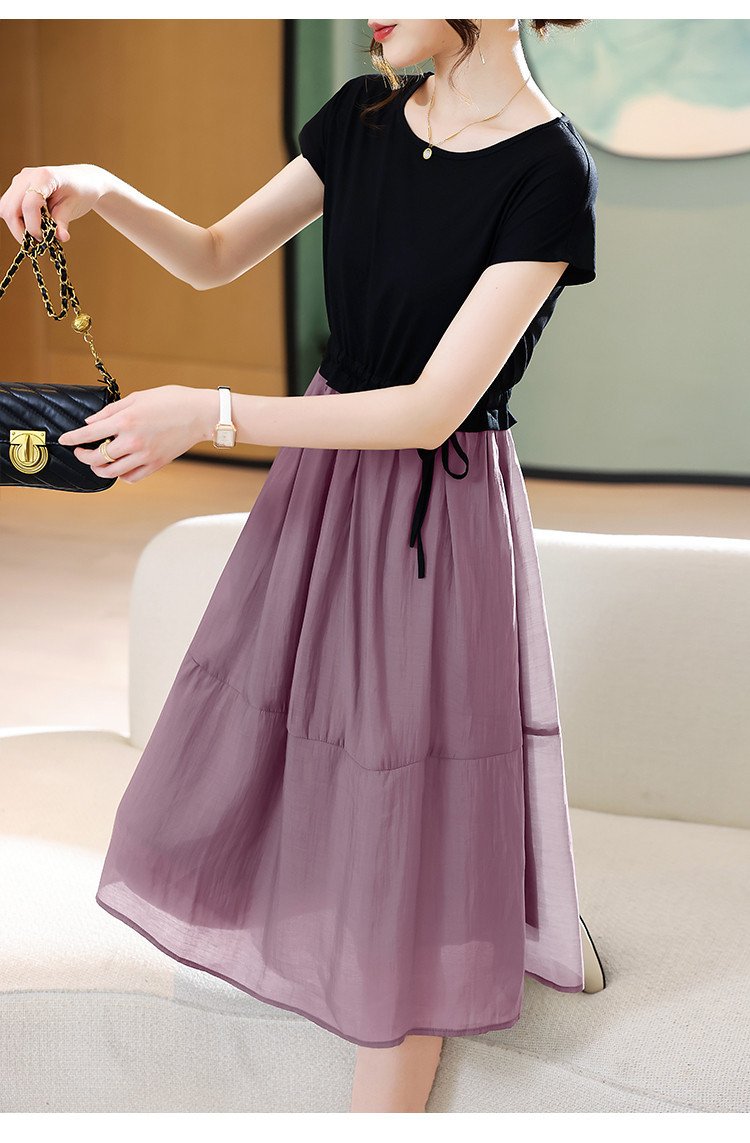 ワンピース 半袖 夏 きれいめ レトロ 通勤 春夏 ラウンドネック 上品 ポリエステル