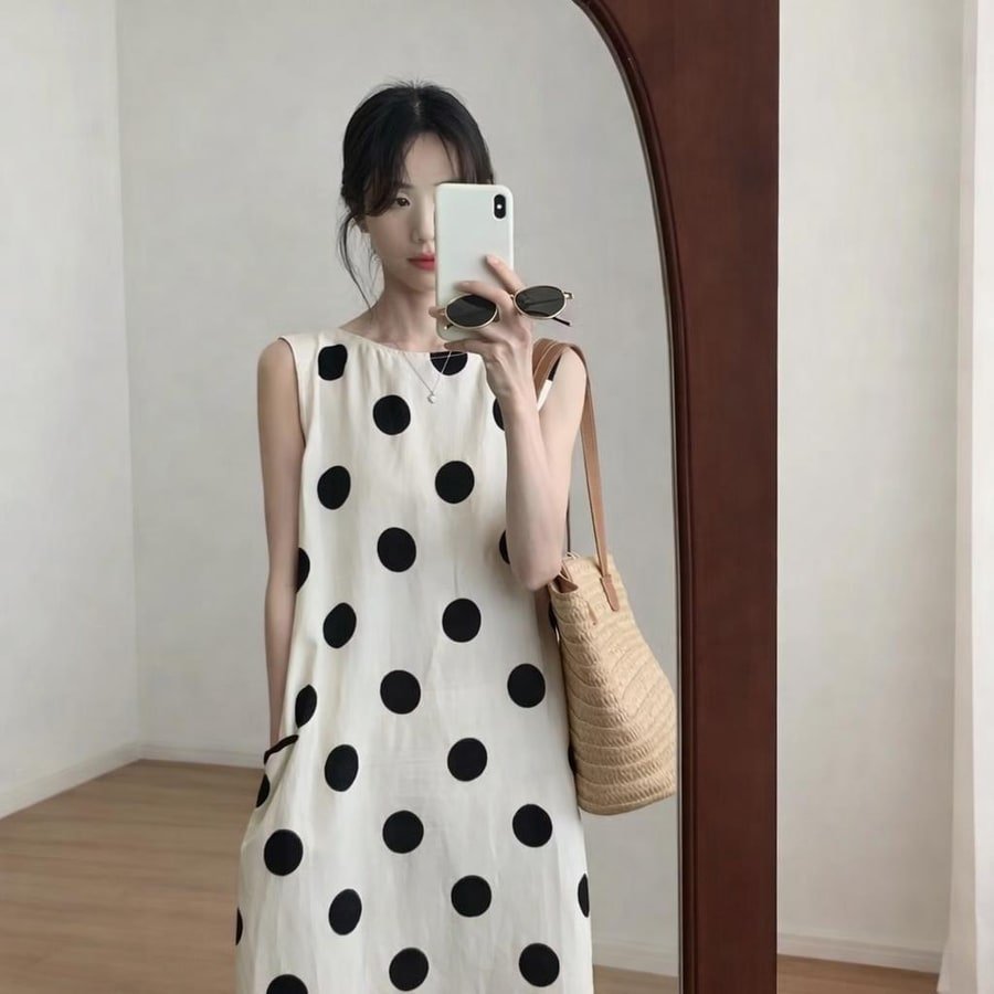 ワンピース ノースリーブ 春夏 袖なし 春 夏 ラウンドネック ドット リゾート ロング 大きい