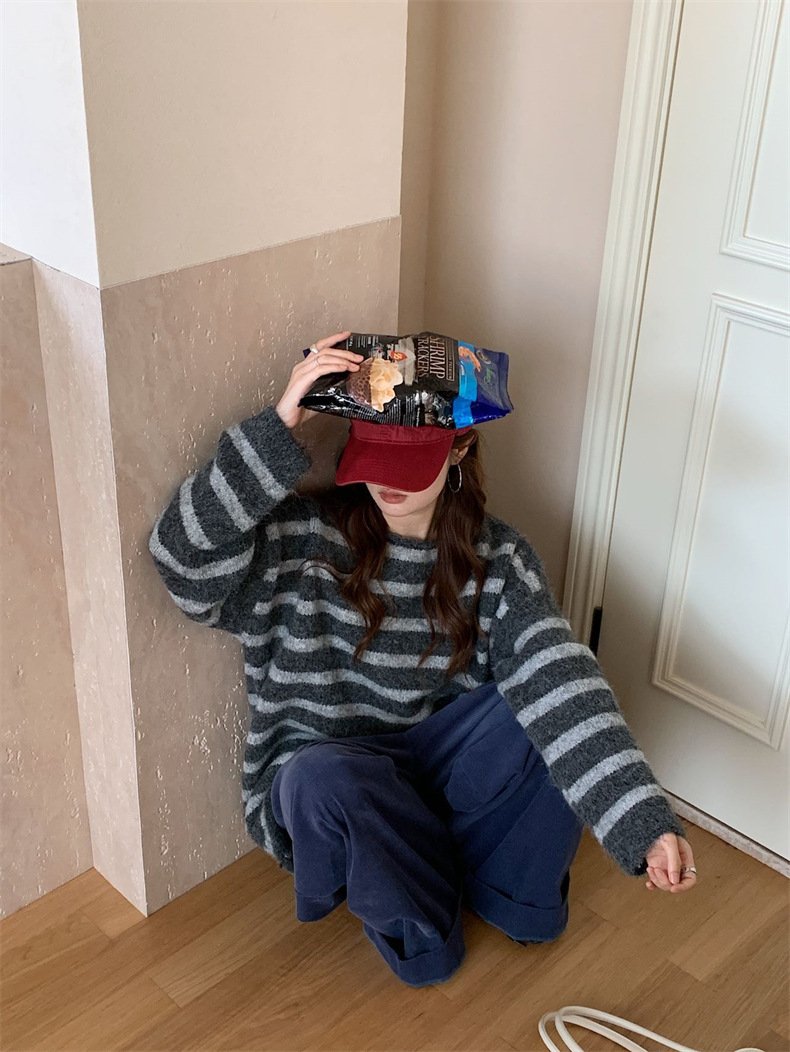 レディース トップス ニット 長袖 ボーダー ストライプ ゆったり 秋冬 秋 カジュアル レトロ 体型カバー 膝丈 ラウンドネック 冬 切り替えデザイン プルオーバー ストレッチ