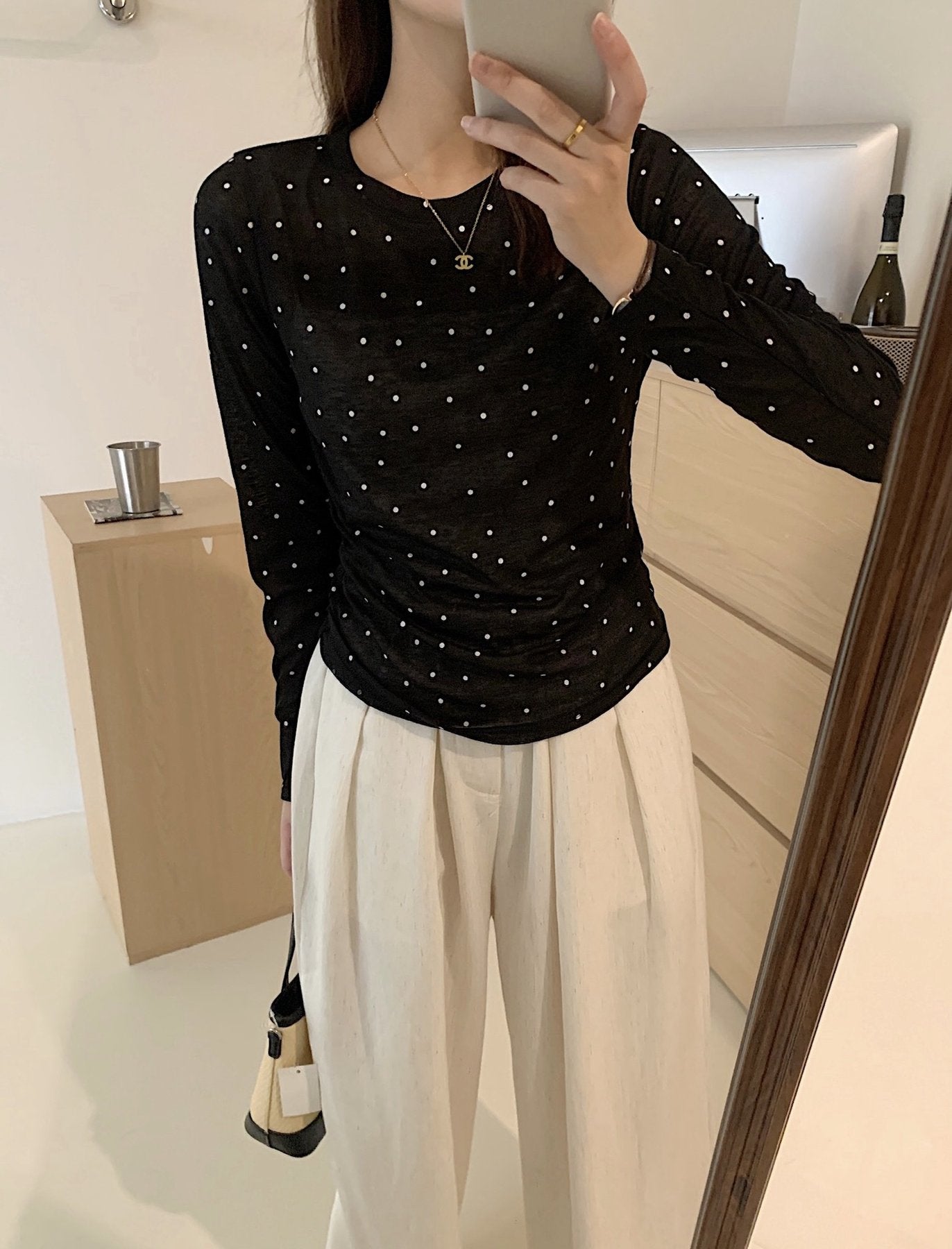 レディース Tシャツ 長袖 春夏 春 重ね着 夏 膝丈 ラウンドネック シャツ 透け感 ポリエステル ドット