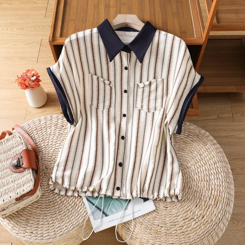 レディース シャツ トップス Tシャツ 半袖 ノースリーブ ボーダー ストライプ ゆったり コットン 綿 春夏 きれいめ 通勤 体型カバー おしゃれ 夏服 前開き 袖なし 春 夏 ママ 切り替えデザイン 都会的 レギュラー ボタン