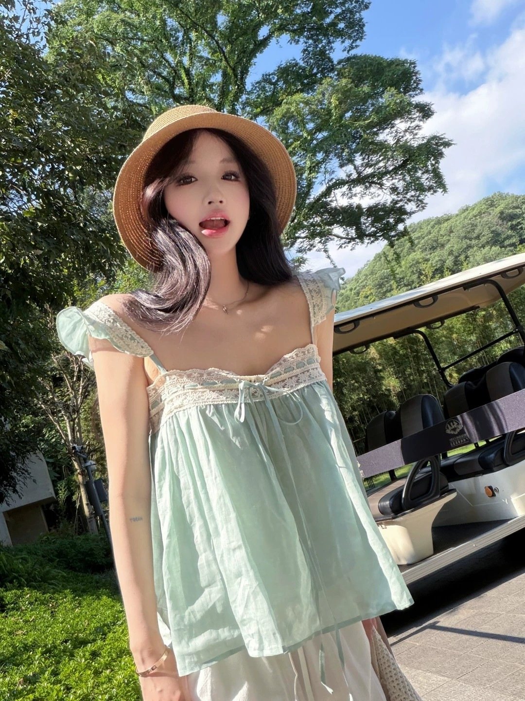 レディース トップス ゆったり スリム 春夏 きれいめ 通勤 オフィス 体型カバー 春 夏 レース ブルー キャミソール タイ グリーン レギュラー ポリエステル