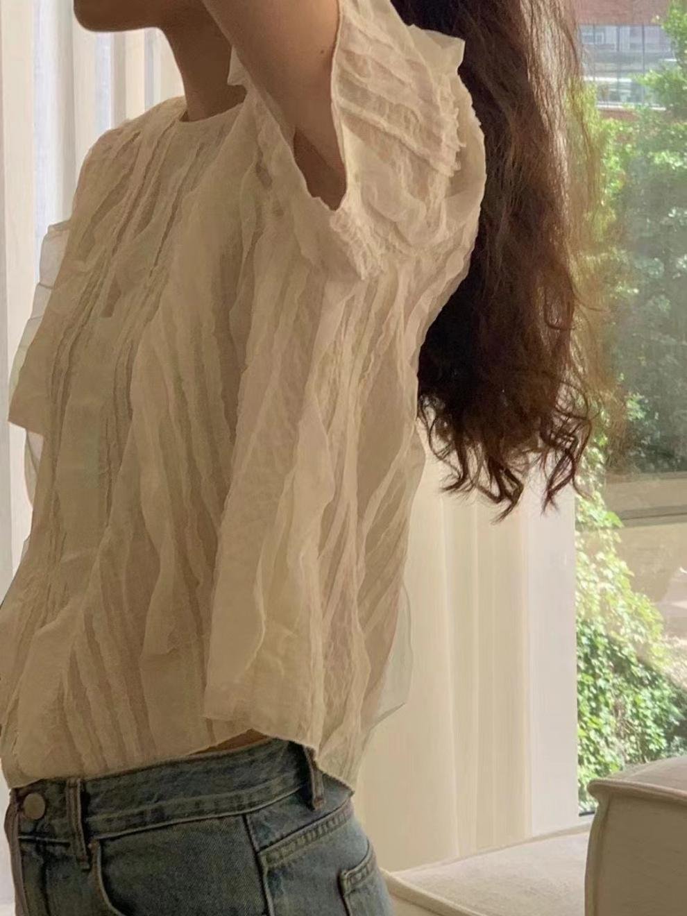 レディース シャツ トップス 無地 ゆったり 春夏 カジュアル きれいめ 韓国風 前開き 春 ショート 夏 ラウンドネック シンプル 上品 切り替えデザイン タイ ポリエステル