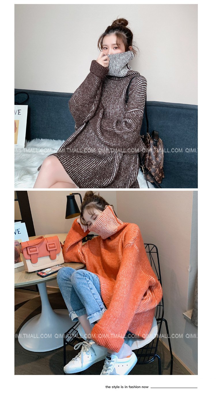 レディース トップス ニット 長袖 ゆったり きれいめ 通勤 体型カバー タートルネック ブラウン 切り替えデザイン セーター オレンジ ブルー グリーン ポリエステル