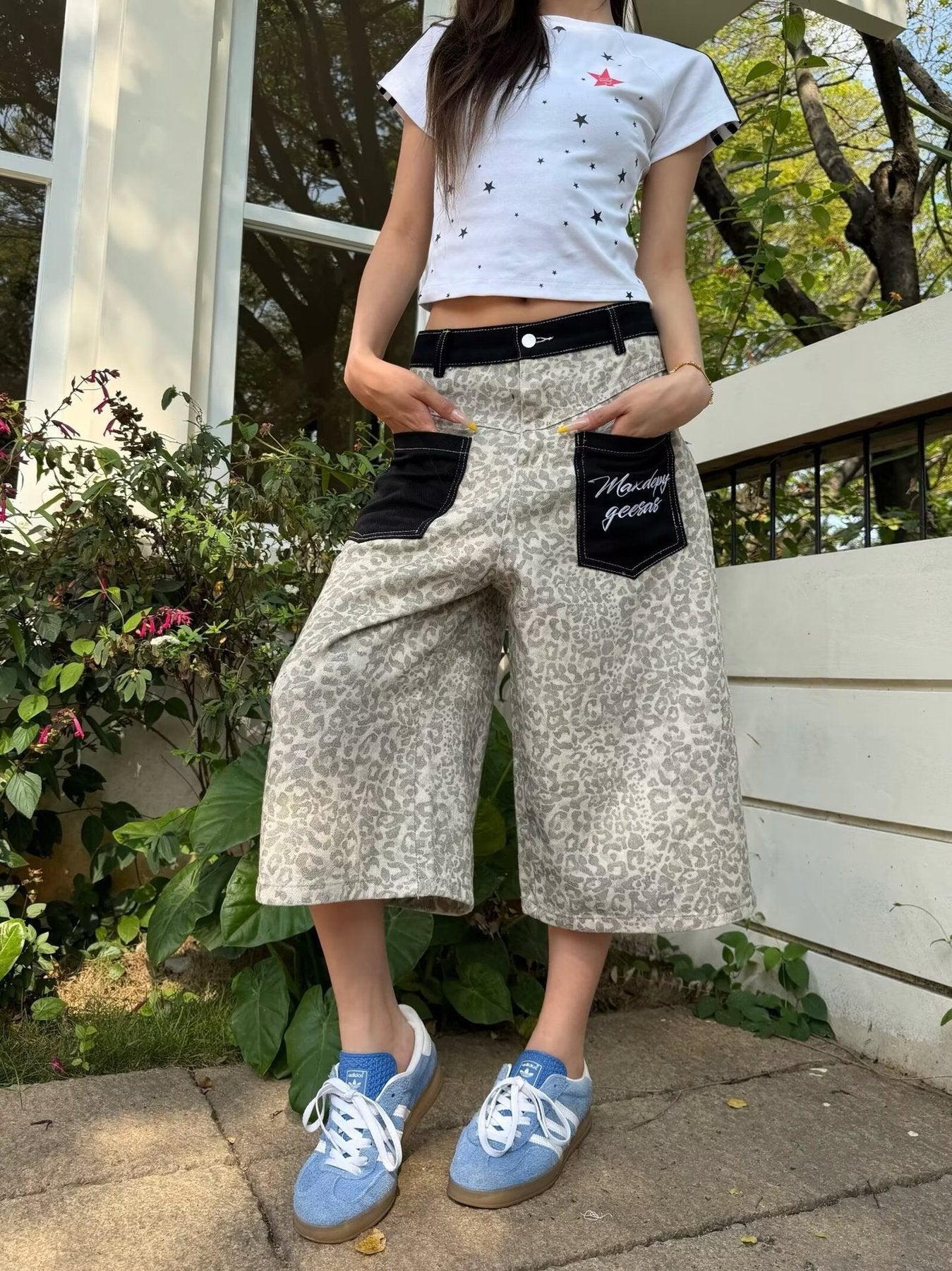 レディース パンツ ゆったり ワイド コットン 綿 デニム 春夏 カジュアル アメリカン 春 夏 ワイドパンツ レオパード ポケット ハイウエスト ストリート ヴィンテージ ストレッチ