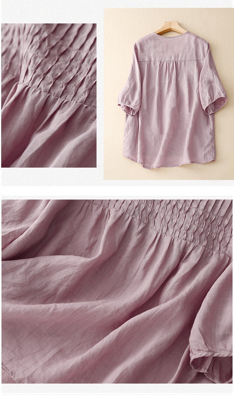 レディース シャツ Tシャツ 長袖 無地 ゆったり コットン 綿 麻 夏 きれいめ 通勤 体型カバー 春夏 前開き Vネック シンプル