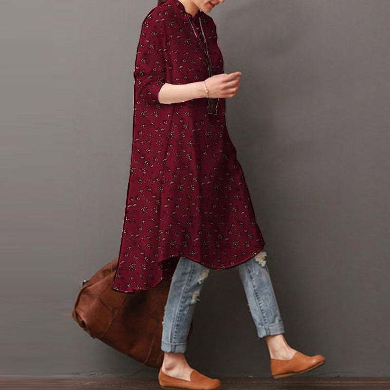 レディース シャツ トップス 長袖 花柄 プリント ゆったり きれいめ 通勤 前開き ラウンドネック ヴィンテージ ポリエステル