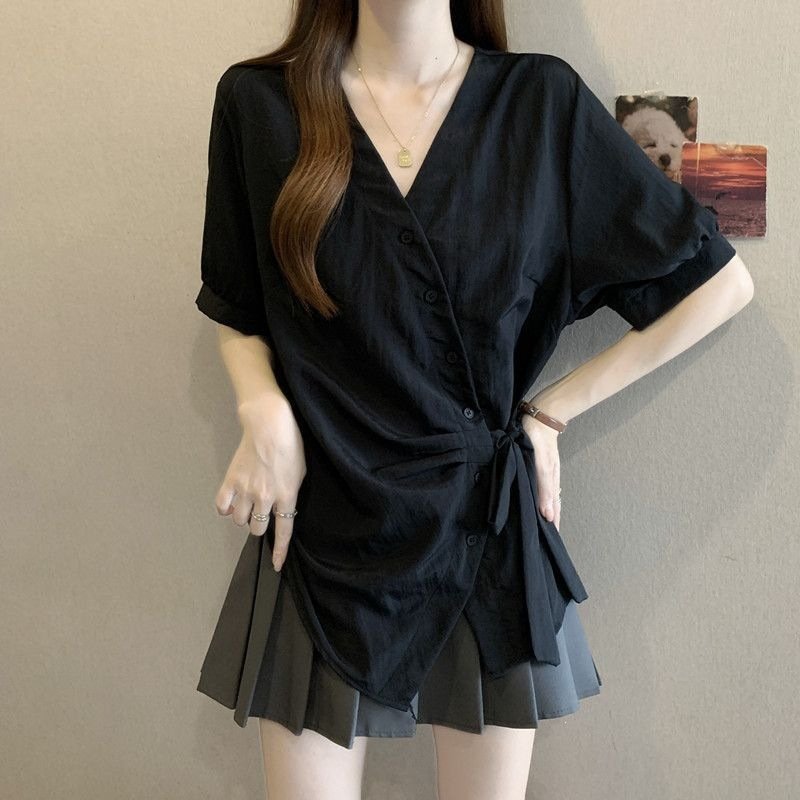 レディース シャツ トップス Tシャツ 半袖 無地 スリム 春夏 きれいめ 通勤 大きいサイズ 前開き Vネック 春 夏 シンプル リボン 個性的 レギュラー ボタン ポリエステル
