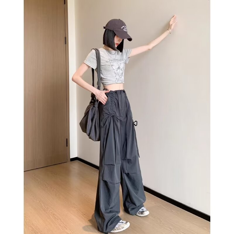 レディース パンツ ワイド カジュアル レトロ ストレート ワークパンツ 切り替えデザイン ストリート ポリエステル