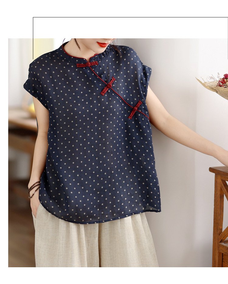 シャツ ノースリーブ ゆったり コットン 綿 リネン 春夏 レトロ 大きいサイズ 前開き 袖なし 春 夏 膝丈 ハイネック プルオーバー スタンドカラー ドット