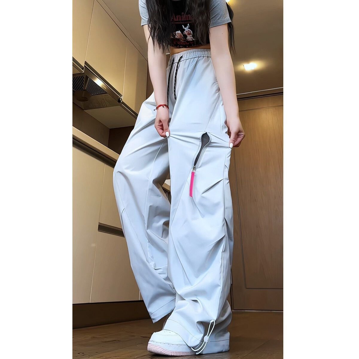 レディース パンツ 秋冬 秋 カジュアル アメリカン 冬 紫 ロング 薄手 切り替えデザイン ハイウエスト 速乾 ポリエステル
