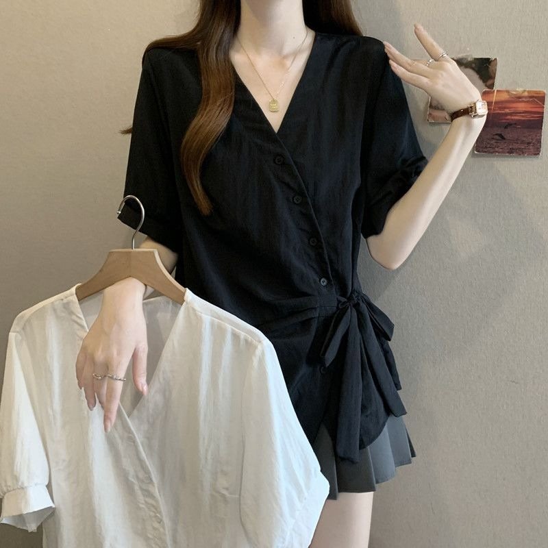 レディース シャツ トップス Tシャツ 半袖 無地 スリム 春夏 きれいめ 通勤 大きいサイズ 前開き Vネック 春 夏 シンプル リボン 個性的 レギュラー ボタン ポリエステル