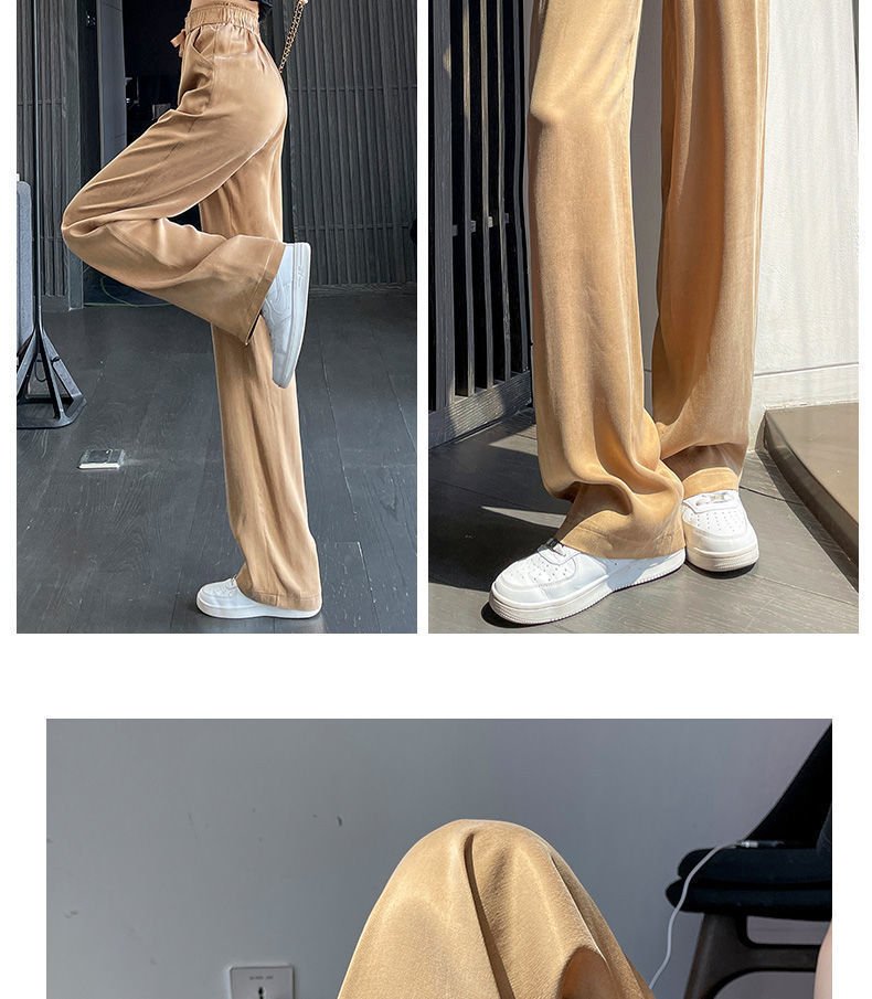 レディース パンツ 無地 ワイド 夏 秋冬 カジュアル 秋 シンプル 冬 ロング ストレート 薄手 カーキ ドレープ サテン ハイウエスト ポリエステル