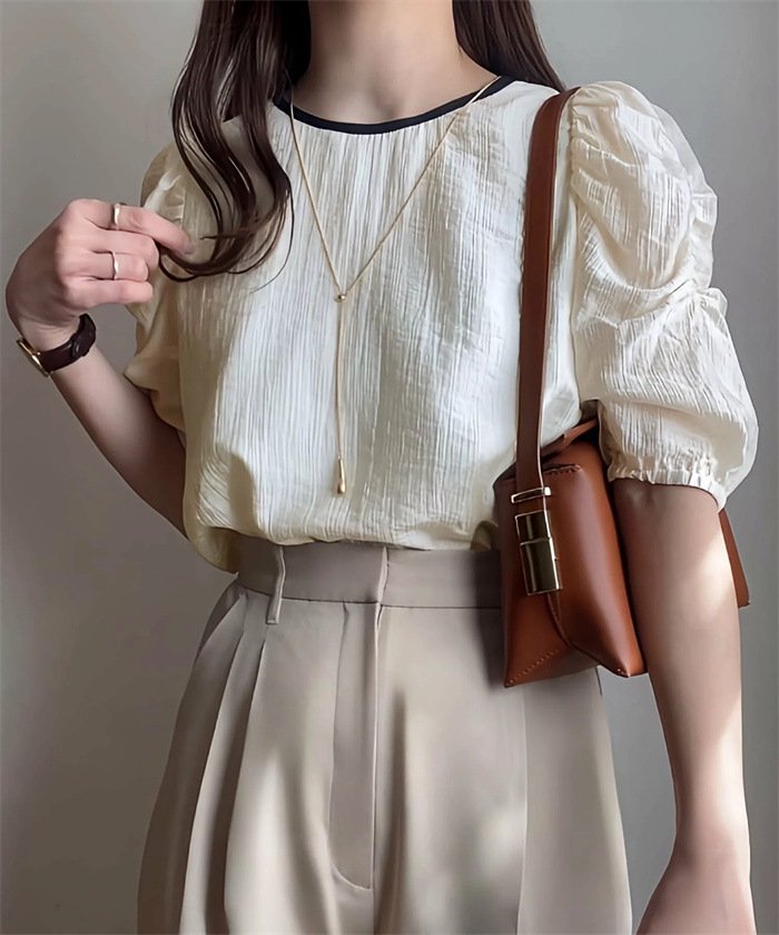 レディース シャツ トップス 半袖 ゆったり 春夏 カジュアル 前開き 春 夏 ラウンドネック タイト 細身 シフォン パフスリーブ 切り替えデザイン タイ レギュラー 柔らかい 着痩せ