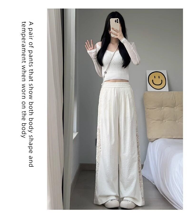 レディース パンツ ゆったり ワイド 春夏 カジュアル 大きいサイズ 春 夏 レース スリム ロング ワイドパンツ 薄手 切り替えデザイン 速乾 ポリエステル