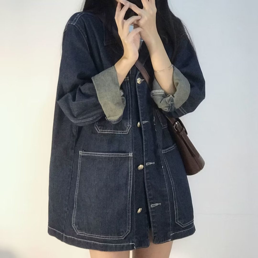 レディース シャツ トップス ジャケット 長袖 無地 ゆったり デニム 春 秋 レトロ 体型カバー 大きいサイズ 韓国風 春夏 前開き シンプル 襟付き ポケット デニムジャケット