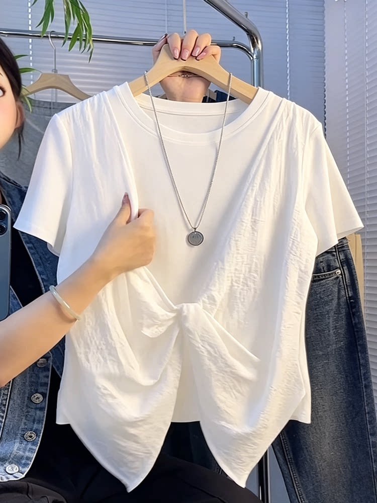 レディース Tシャツ 半袖 ゆったり コットン 綿 春夏 カジュアル 体型カバー 春 夏 ラウンドネック シャツ 切り替えデザイン レイヤード タイ レギュラー