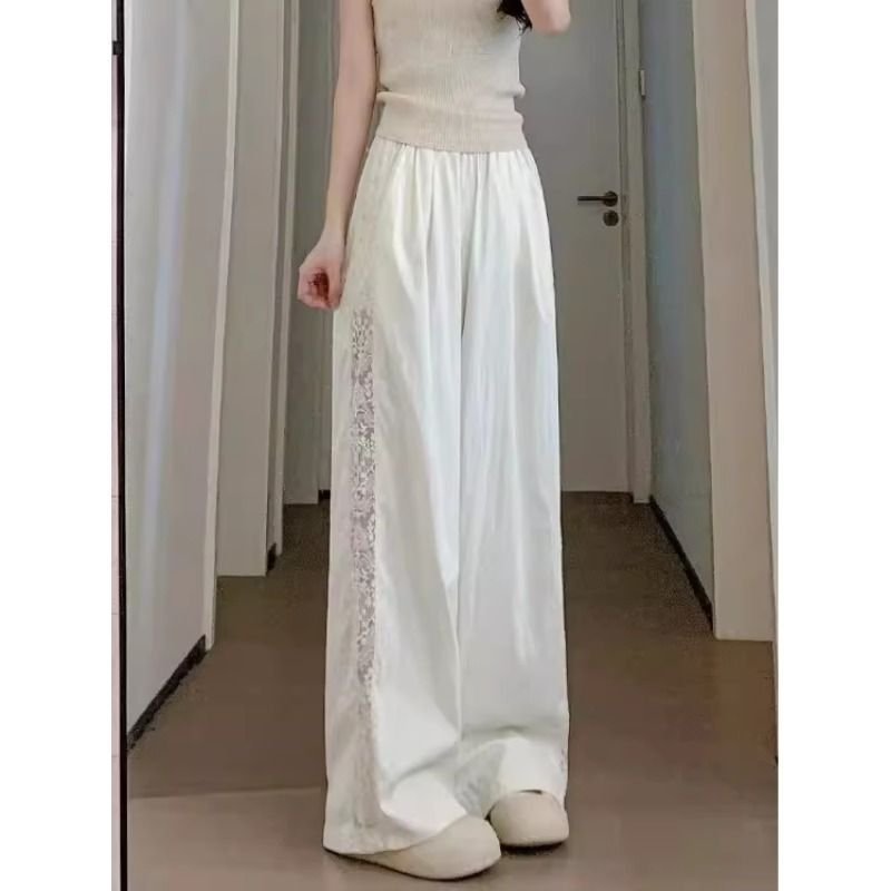 レディース パンツ ゆったり ワイド 春夏 カジュアル 大きいサイズ 春 夏 レース スリム ロング ワイドパンツ 薄手 切り替えデザイン 速乾 ポリエステル