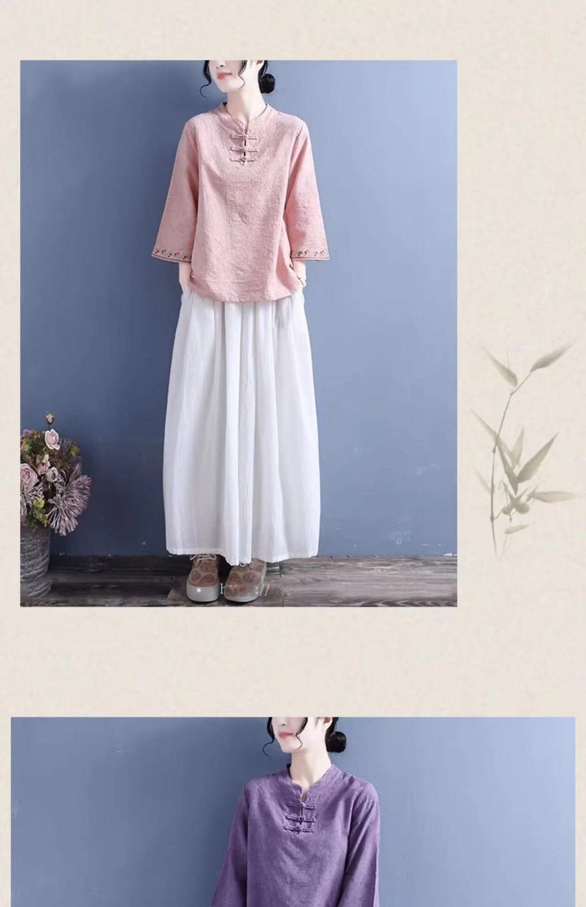 レディース シャツ トップス 無地 コットン 綿 麻 春夏 レトロ 前開き 春 夏 シンプル 刺繍 ロング 薄手 ベルスリーブ セットアップ