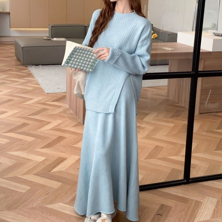 レディース スカート トップス ニット セットアップ 2点セット 上下セット マキシ 長袖 ラウンドネック ストレート フェミニン スリット サイドスリット ハイウエスト リブニット ボタン かわいい 大人可愛い きれいめ シンプル 上品 おしゃれ ガーリー エレガント ラブリー キュート ロマンティック ナチュラル 無地 秋 冬 デート お出かけ 旅行 レストラン 女子会 休日 暖かい 防寒 普段使い 着回し 清楚 トレンド 流行 フリーサイズ ワンサイズ 茶色 ブラウン グレー オフホワイト 水色