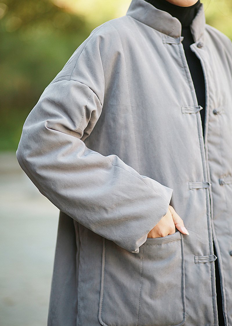 ジャケット 長袖 無地 ゆったり コットン 綿 秋冬 秋 レトロ シンプル 冬 ロング 厚手 襟付き スタンドカラー ストレッチ ボタン