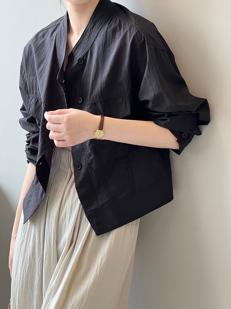 レディース シャツ コート 長袖 夏 韓国風 春夏 前開き ショート 薄手 スタンドカラー アウター ボタン ポリエステル