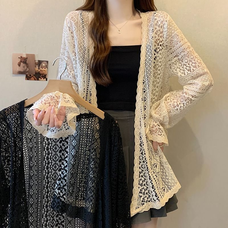 シャツ カーディガン 長袖 ゆったり 春夏 カジュアル 前開き 春 夏 レース ミモレ ベルスリーブ ポリエステル