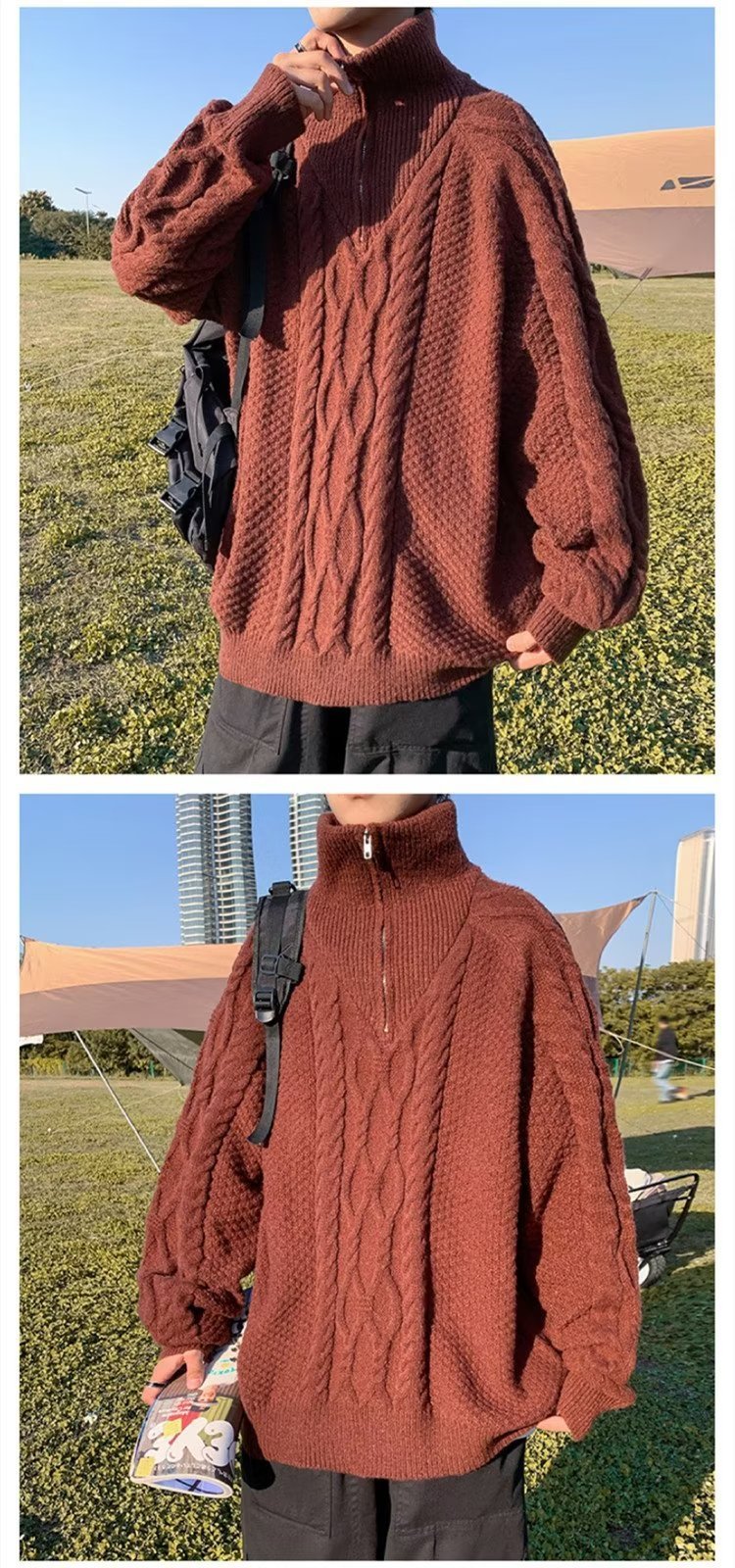 ニット ジャケット 長袖 ゆったり コットン 綿 麻 冬 体型カバー タートルネック セーター ハーフ ヴィンテージ