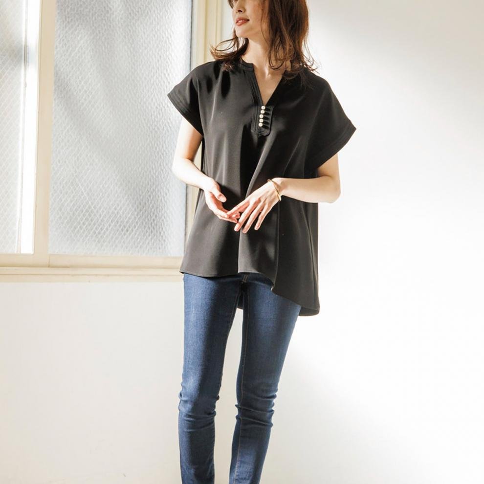 レディース シャツ Tシャツ 半袖 無地 ゆったり 夏 きれいめ 通勤 体型カバー 春夏 前開き Vネック シンプル 上品 サテン