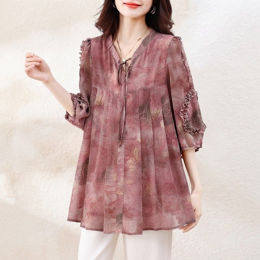トップス 長袖 ゆったり 春夏 カジュアル きれいめ レトロ 体型カバー Vネック プリーツ 春 夏 ミモレ 上品 切り替えデザイン ポリエステル 着痩せ