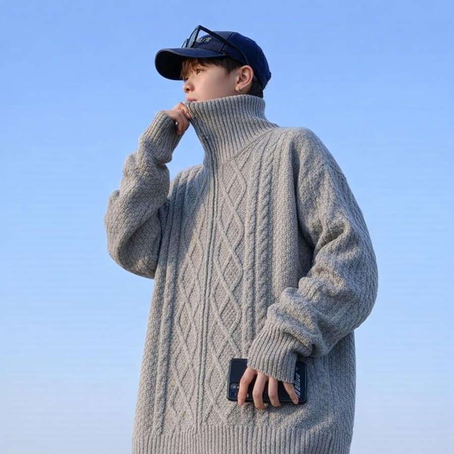 ニット ジャケット 長袖 ゆったり コットン 綿 麻 冬 体型カバー タートルネック セーター ハーフ ヴィンテージ