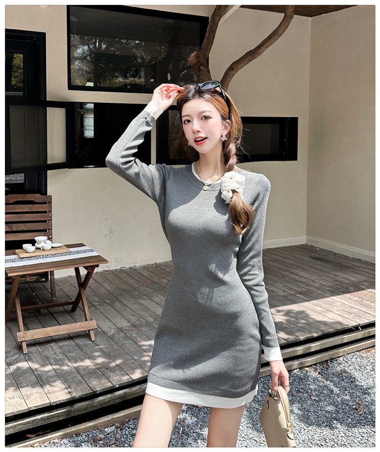 ワンピース ニット 長袖 スリム 春 秋 きれいめ 春夏 ラウンドネック 冬 ミモレ 上品 切り替えデザイン