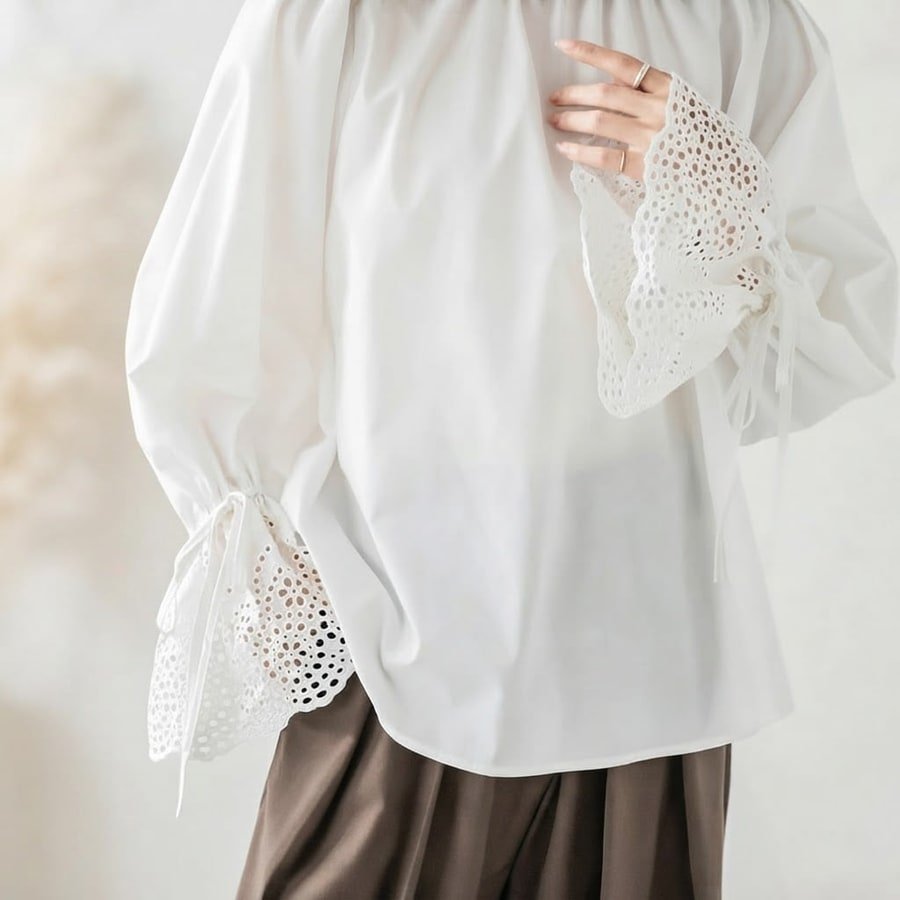 レディース シャツ トップス 長袖 無地 春夏 きれいめ 通勤 前開き 春 フレア 夏 レース シンプル 刺繍 フレアスリーブ レースアップ