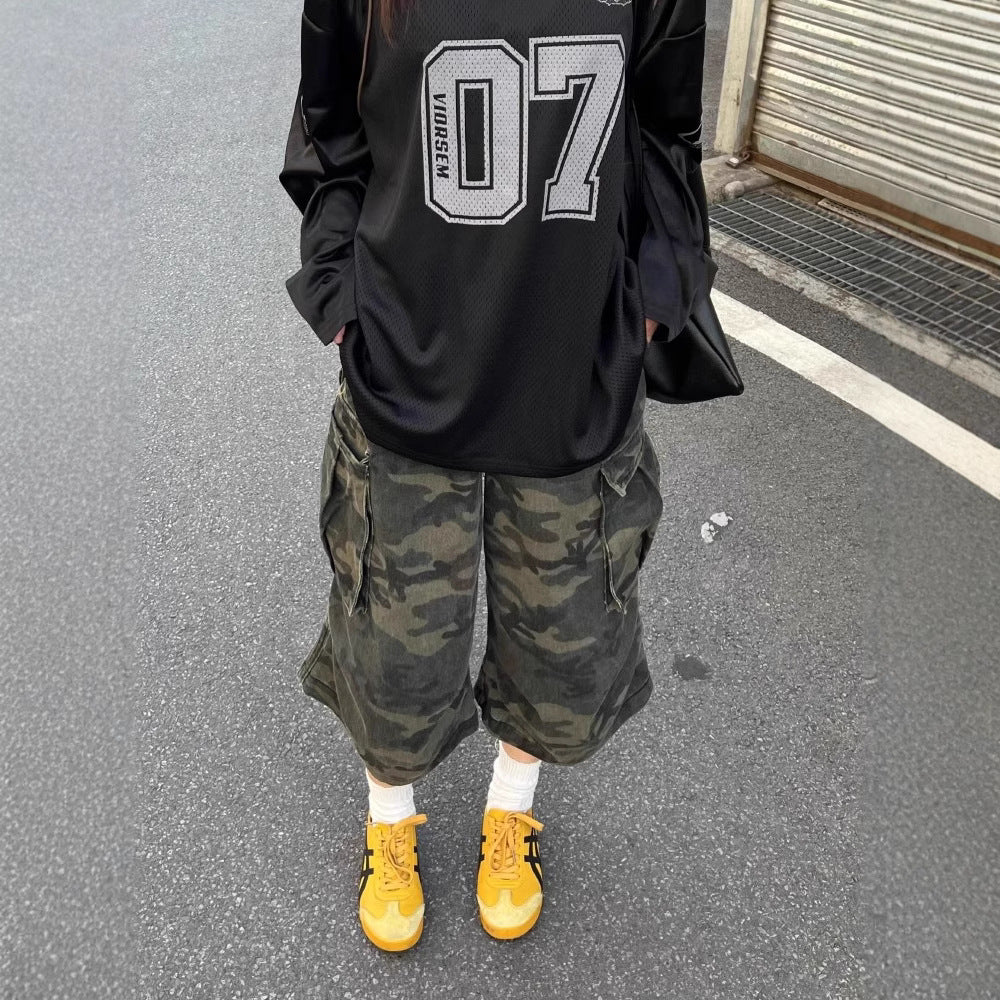 レディース パンツ ワイド 春夏 カジュアル アメリカン レトロ ボトムス 春 ショート 夏 男女兼用 ショートパンツ 7分丈 切り替えデザイン ポケット タイ 迷彩