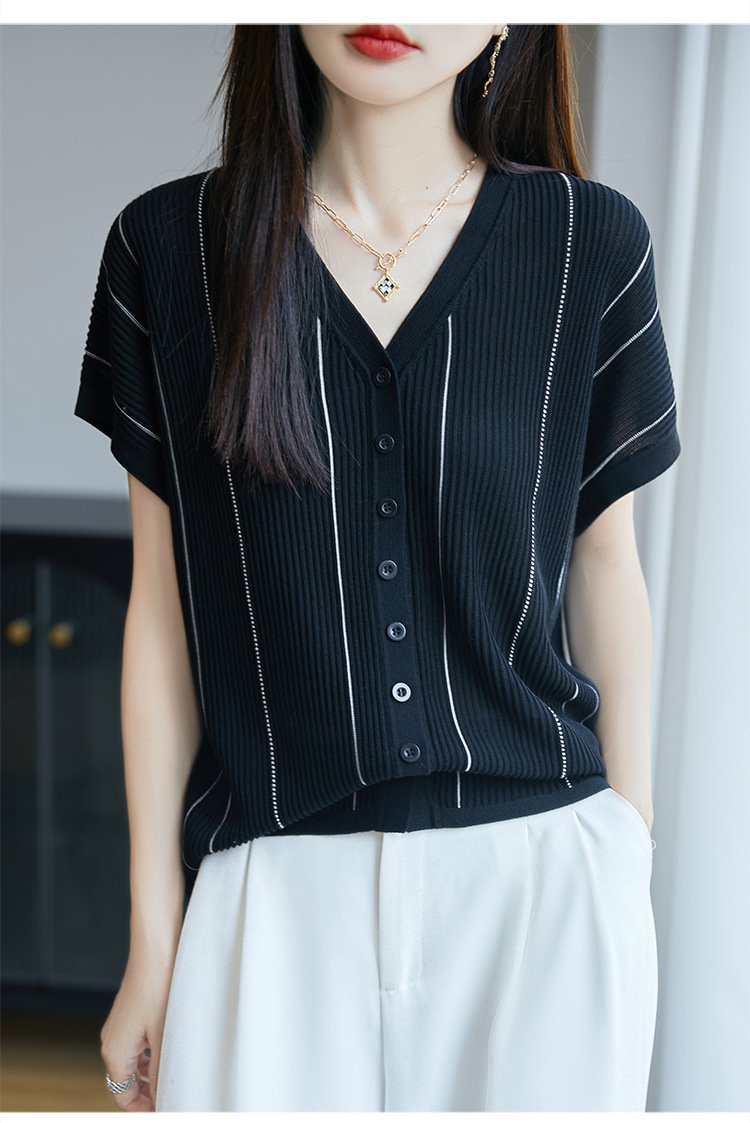 レディース Tシャツ カーディガン 半袖 ボーダー ストライプ チェック柄 ゆったり 春夏 カジュアル きれいめ Vネック 春 夏 膝丈 上品 シャツ ポリエステル