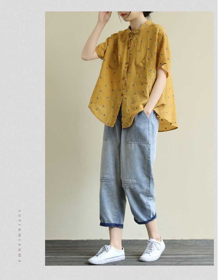 レディース シャツ トップス 半袖 ドット柄 ゆったり コットン 綿 リネン 春夏 体型カバー 大きいサイズ 前開き 春 夏 ボタン ポリエステル ドット