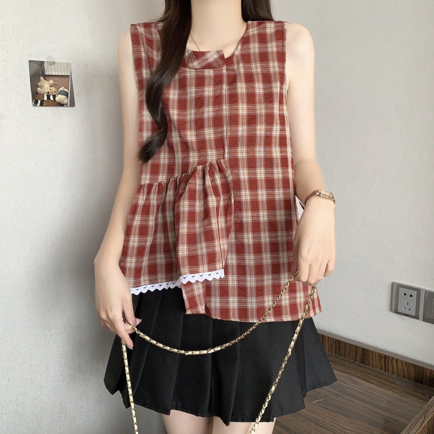 レディース シャツ チェック柄 春夏 きれいめ 大きいサイズ 前開き 春 夏 レース 上品 フリル Aライン レギュラー ポリエステル