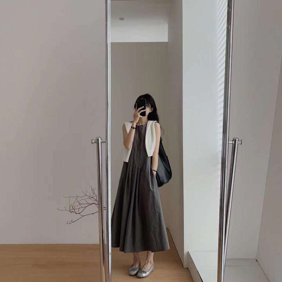 ワンピース ノースリーブ 無地 夏 きれいめ 通勤 春夏 袖なし ラウンドネック シンプル ロング 上品 Aライン