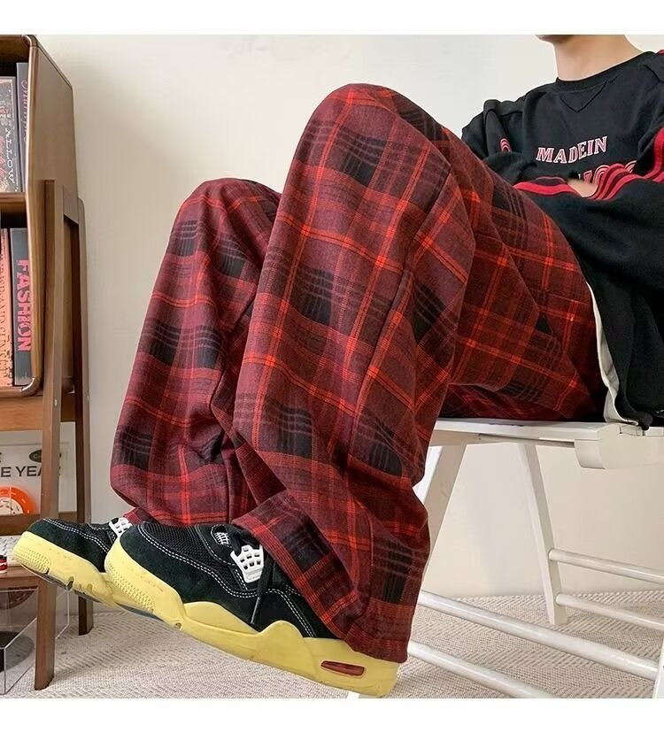 パンツ チェック柄 ワイド 春 秋冬 カジュアル 秋 冬 ストレート ヴィンテージ ポリエステル