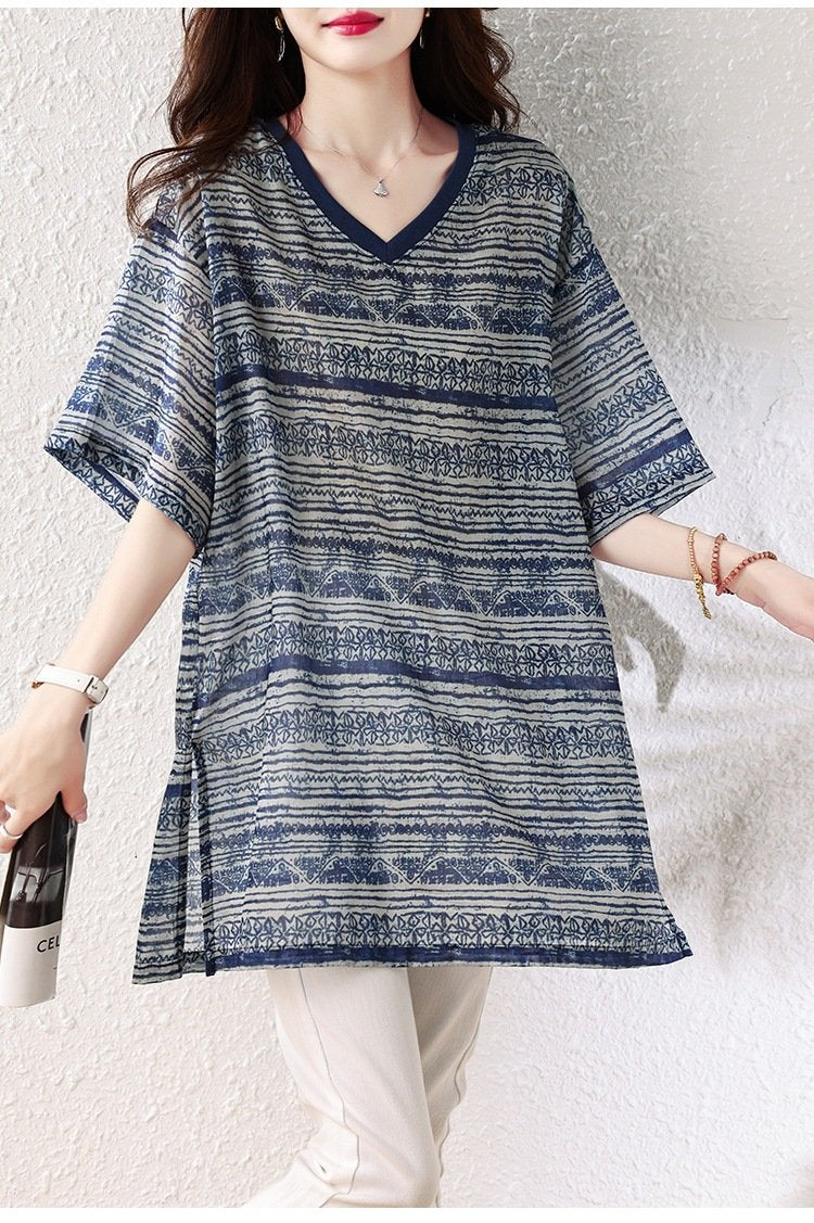 レディース トップス Tシャツ 半袖 プリント ゆったり 春夏 きれいめ 体型カバー 大きいサイズ Vネック 春 夏 上品 シャツ エスニック 襟付き レギュラー ポリエステル
