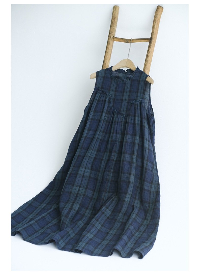 ワンピース ノースリーブ チェック柄 春夏 カジュアル きれいめ 袖なし 春 夏 ラウンドネック ミモレ フリル 上品 大きい